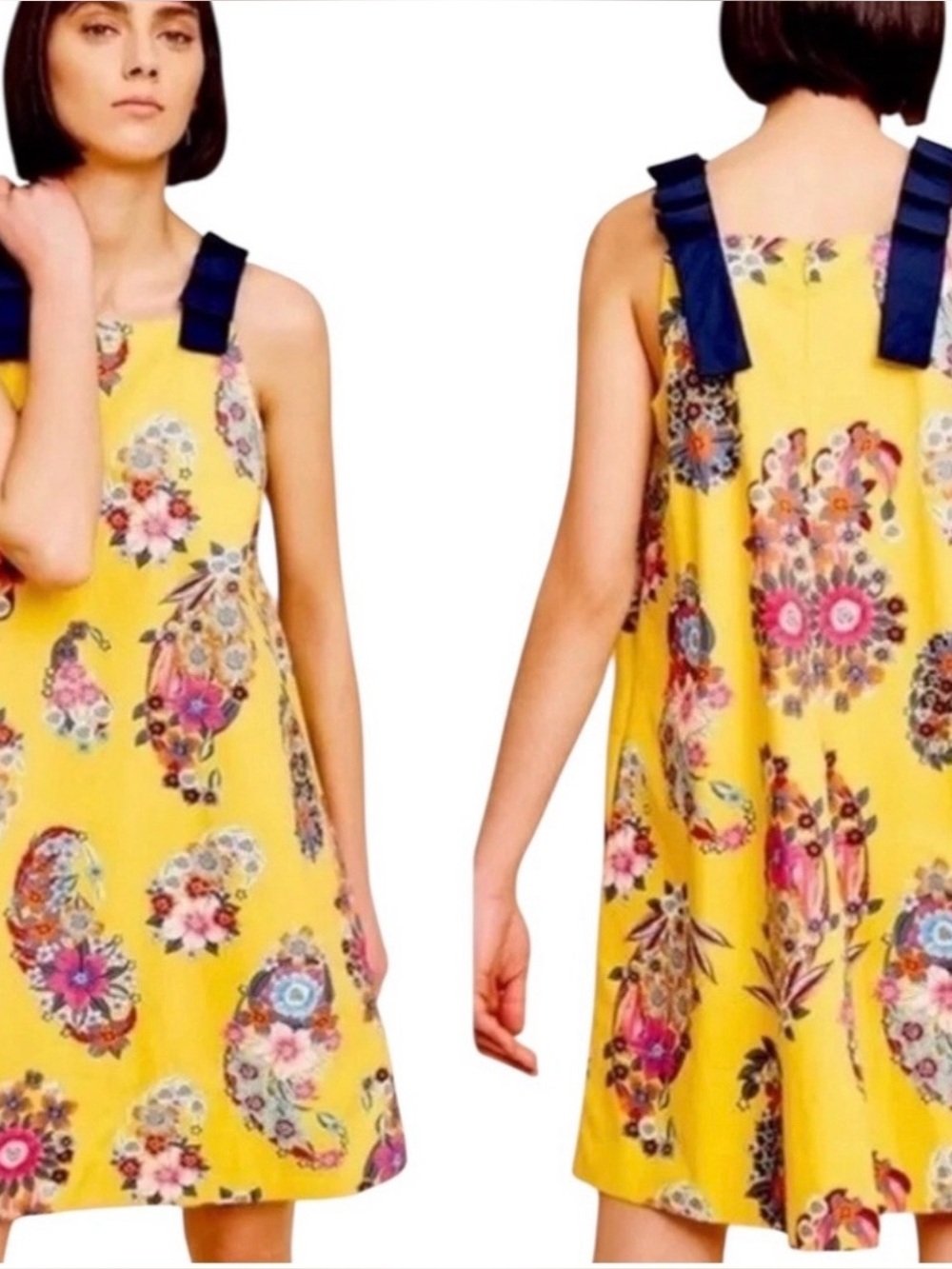 Anthropologie Maeve Sunniva Floral Yellow Shift Dress‎ Ribbon Straps Size XS